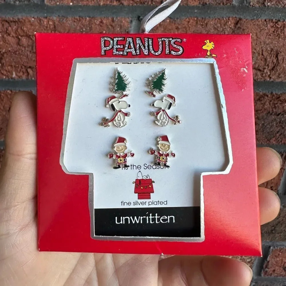 Snoopy Christmas Holiday Peanuts Trio 3 Piece Silver Plate Earrings 35$